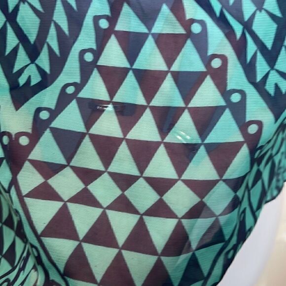 Self Esteem EUC Green Blue Abstract Print Lace Inset Sheer Blouse Sz M - Picture 4 of 6